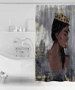 Unique Gray Abstract Art African American Girl Shower Curtain with Golden Paint