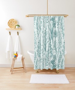 Unique Green Toile Floral Shower Curtain with French Country Farmhouse Chinoiserie Flowers Garden Pattern