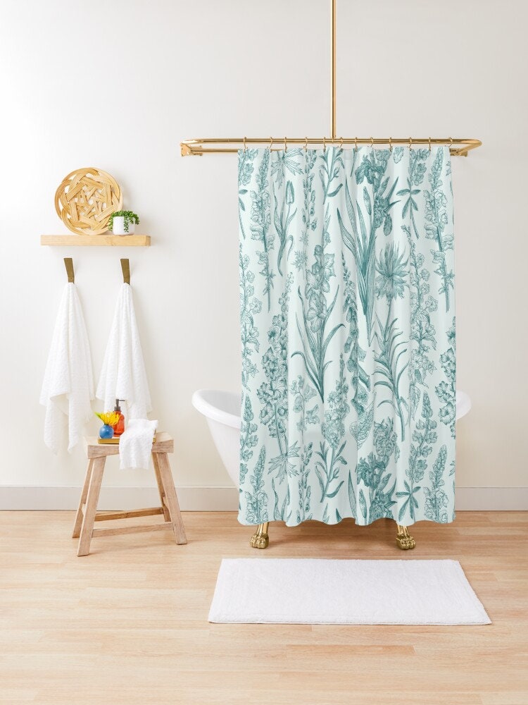 Unique Green Toile Floral Shower Curtain with French Country Farmhouse Chinoiserie Flowers Garden Pattern