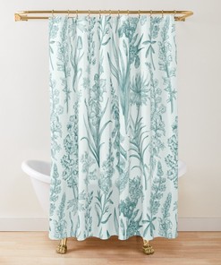 Unique Green Toile Floral Shower Curtain with French Country Farmhouse Chinoiserie Flowers Garden Pattern