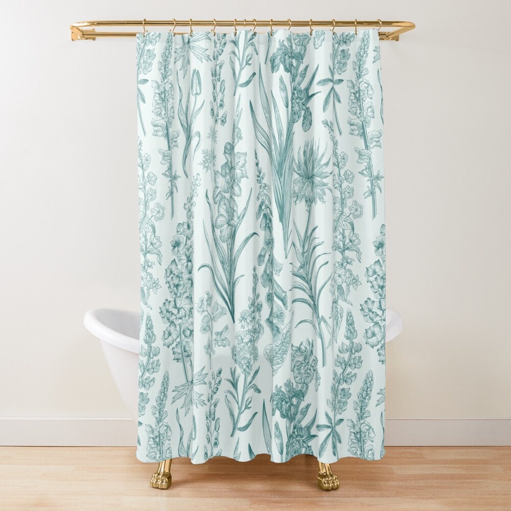 Unique Green Toile Floral Shower Curtain with French Country Farmhouse Chinoiserie Flowers Garden Pattern