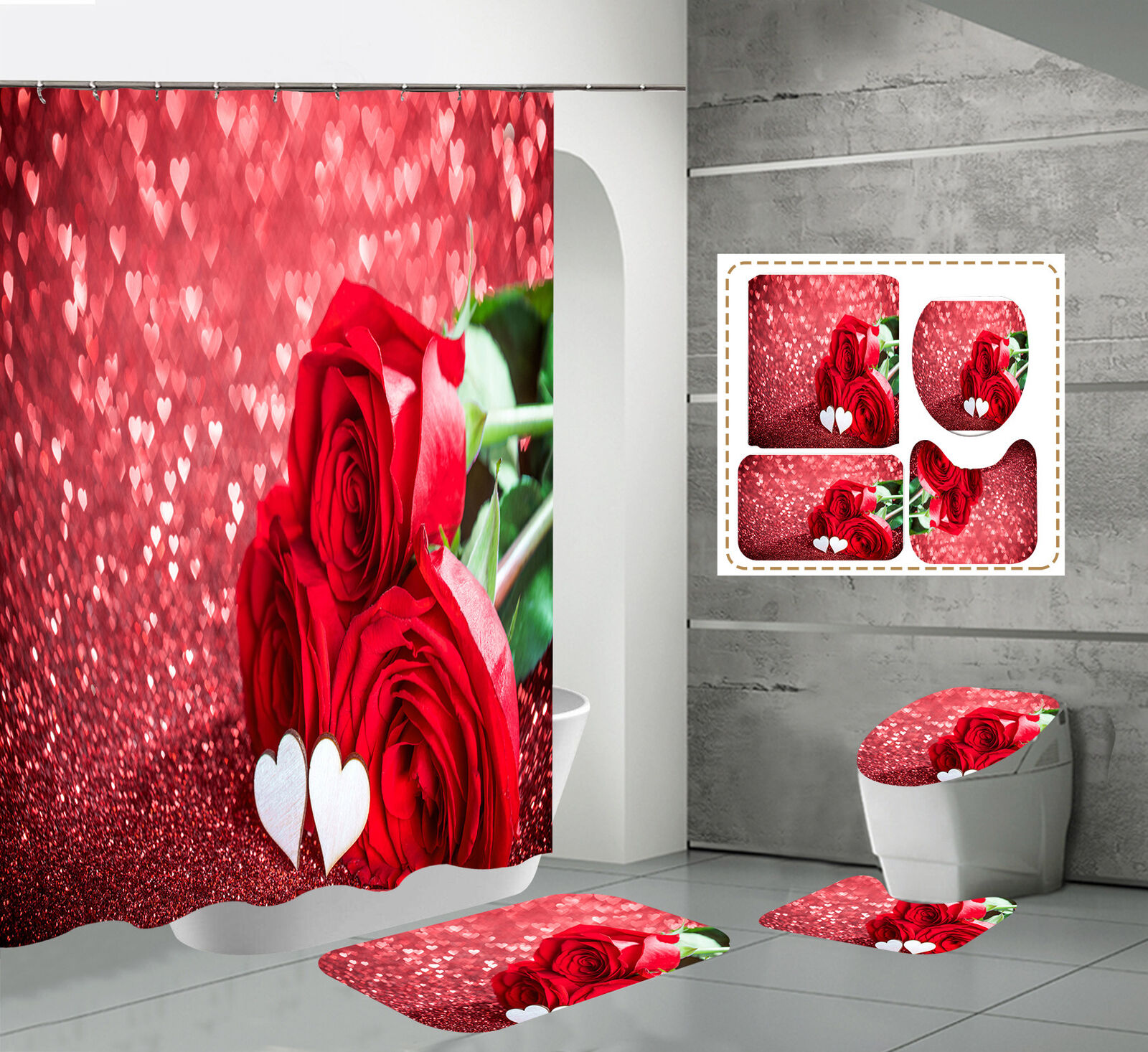 Unique Heart Rose Flowers Shower Curtain For Modern Bathroom