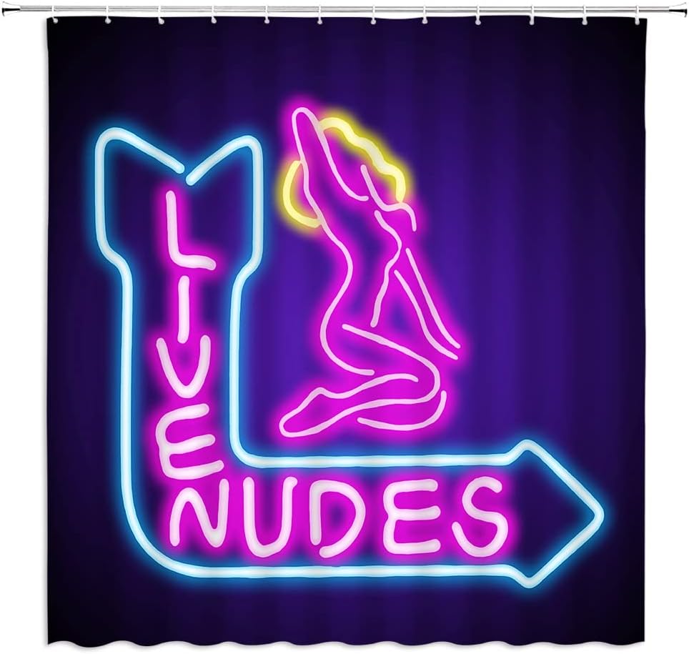 Unique Home Decor Fabric Bath Curtain With Neon Sign Live Nudes Sexy Girl Silhouette Blue Purple Print