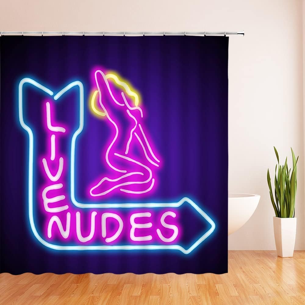 Unique Home Decor Fabric Bath Curtain With Neon Sign Live Nudes Sexy Girl Silhouette Blue Purple Print