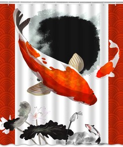 Unique Japanese Asian Art Style Abstract Koi Fish Shower Curtain with Hokusai Great Wave Full Moon