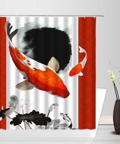 Unique Japanese Asian Art Style Abstract Koi Fish Shower Curtain with Hokusai Great Wave Full Moon