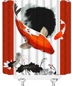 Unique Japanese Asian Art Style Abstract Koi Fish Shower Curtain with Hokusai Great Wave Full Moon