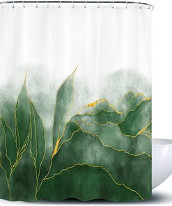 Unique Marble Shower Curtain With Ombre Green And Gold Deer Print
