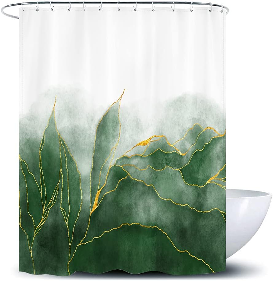 Unique Marble Shower Curtain With Ombre Green And Gold Deer Print