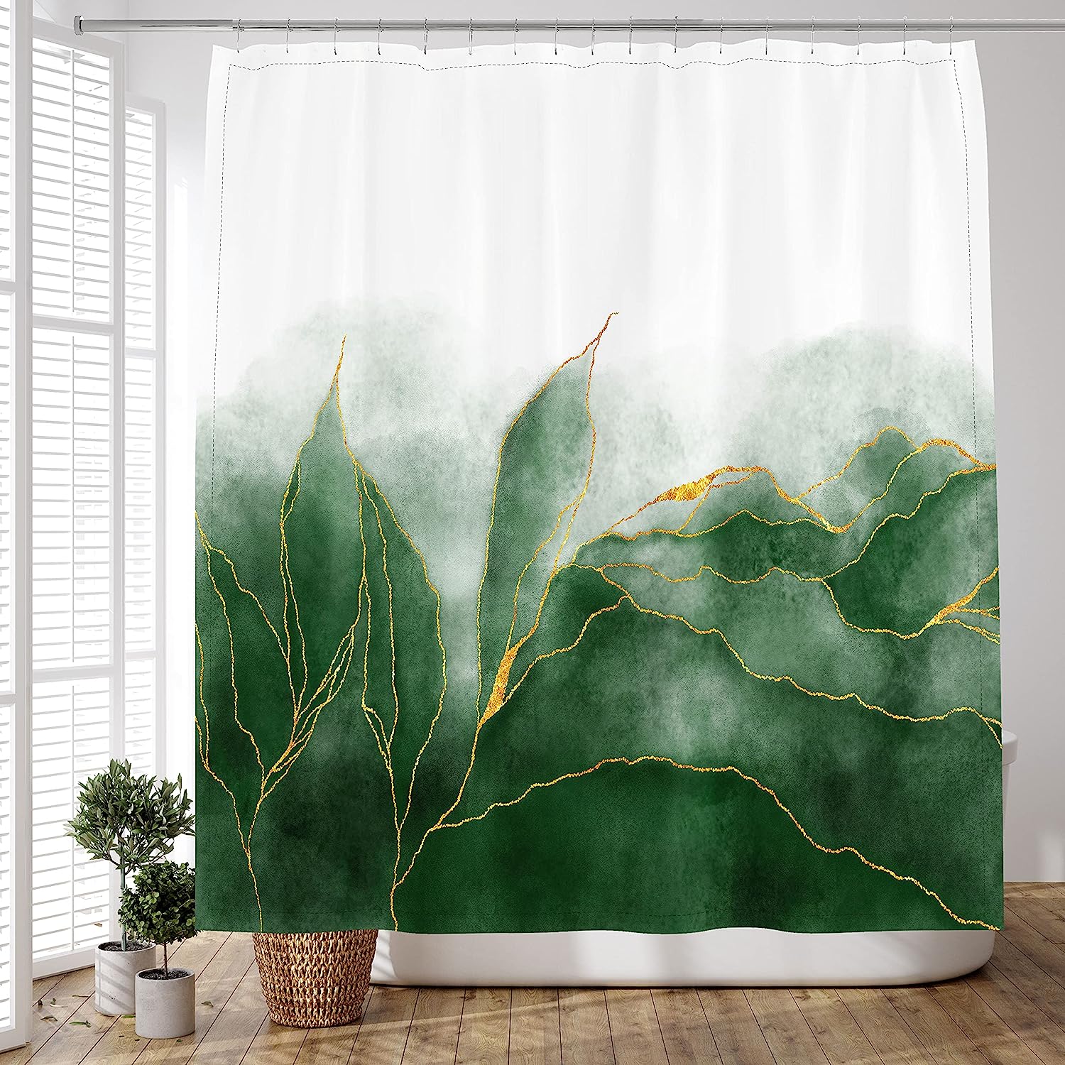 Unique Marble Shower Curtain With Ombre Green And Gold Deer Print - Image 2