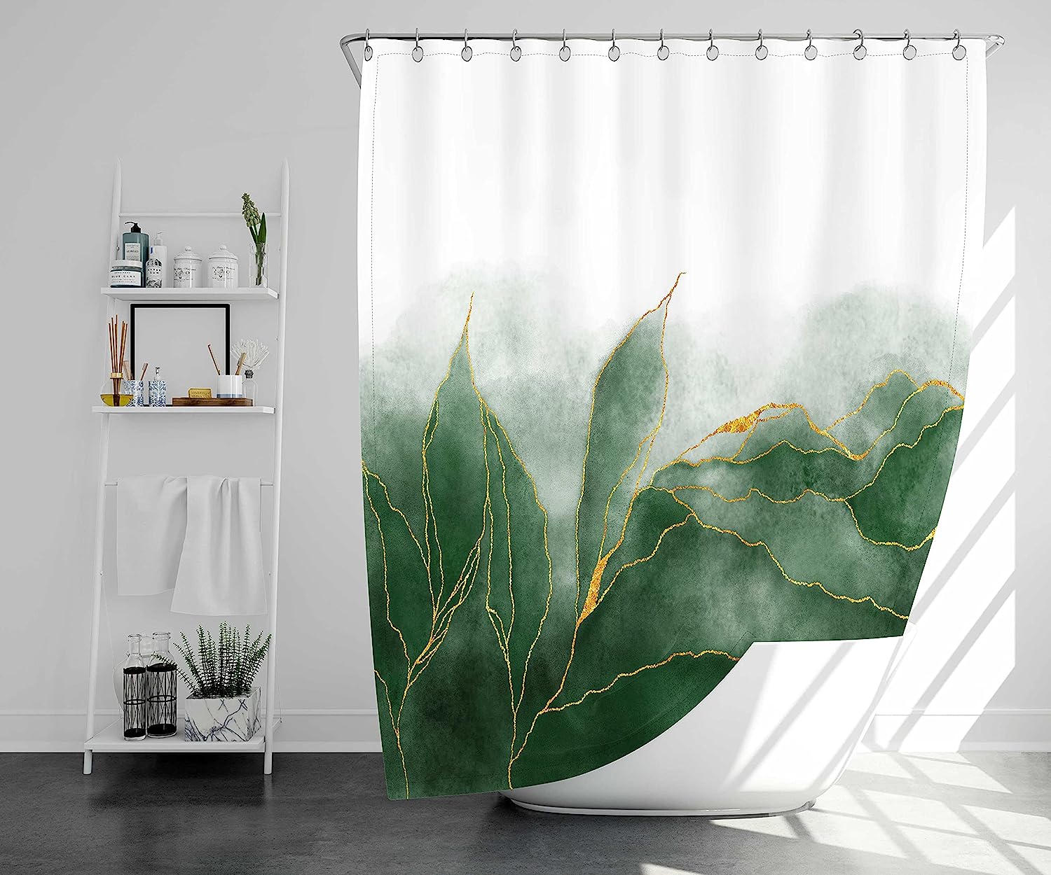 Unique Marble Shower Curtain With Ombre Green And Gold Deer Print - Image 3
