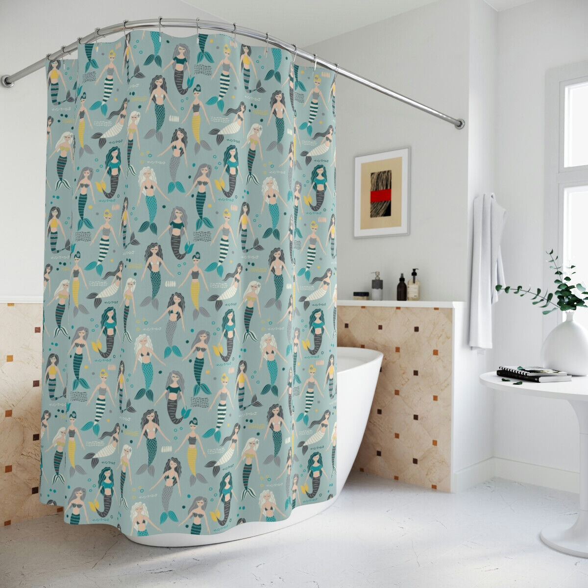 Unique Mermaid Print Shower Curtain- Water Resistant Fabric Bathroom Decor