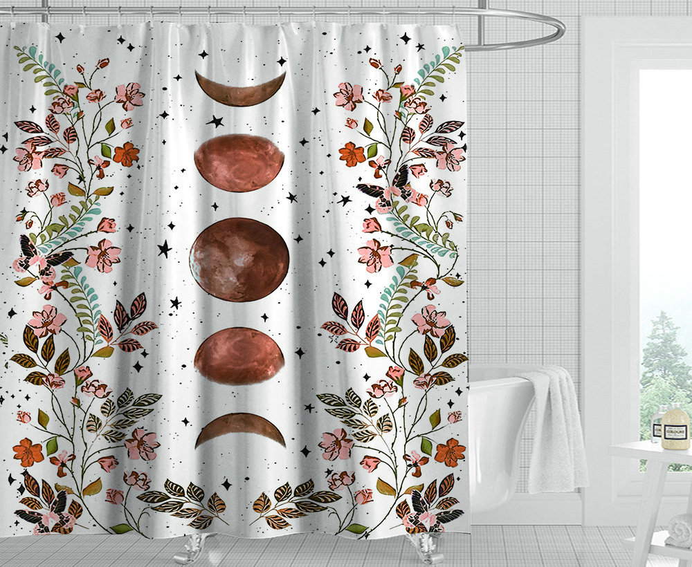 Unique Moon Night Flower Print Shower Curtain Featuring Butterflies And Indian Bath Design