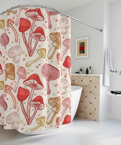 Unique Mushroom Print Shower Curtain - Personalized Retro Aesthetic Spring Decor for College Dorms