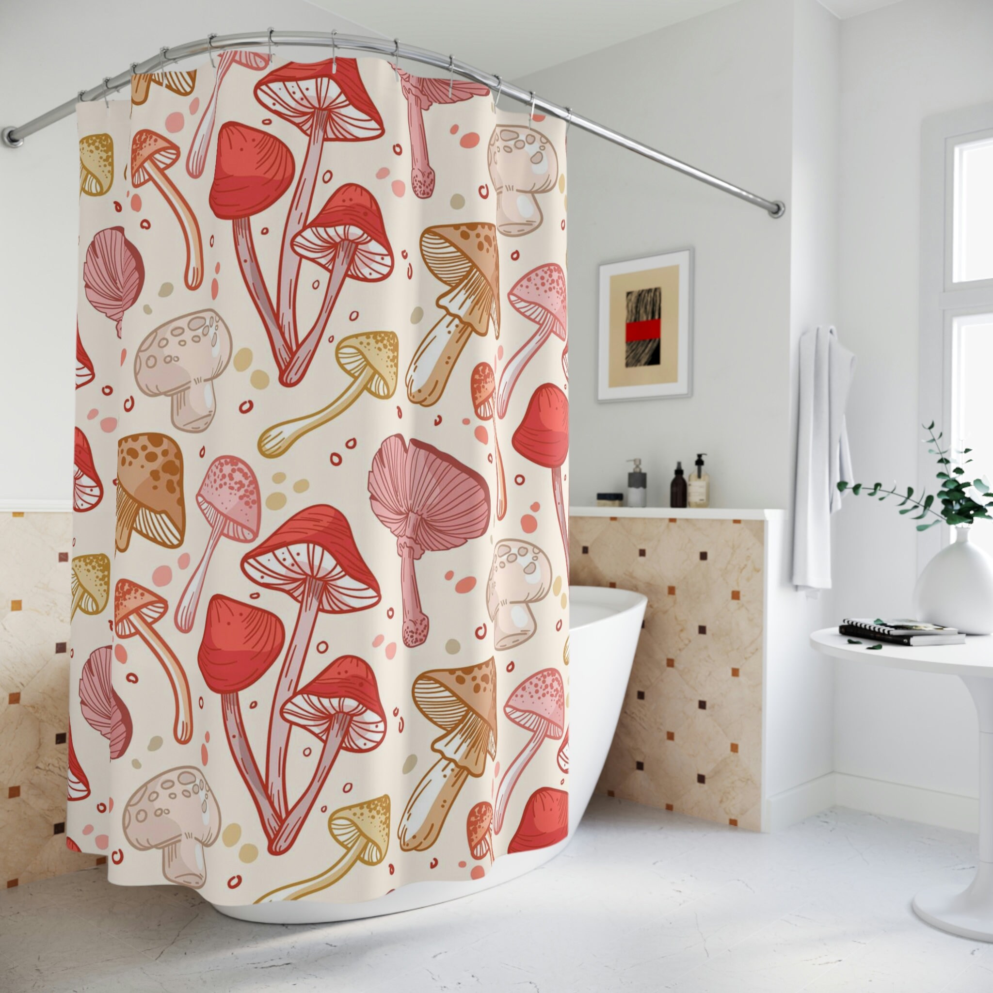 Unique Mushroom Print Shower Curtain - Personalized Retro Aesthetic Spring Decor for College Dorms