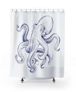 Unique Navy and White Octopus Shower Curtain for Vintage Bathroom.