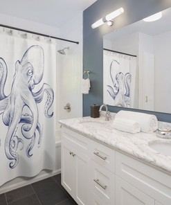 Unique Navy and White Octopus Shower Curtain for Vintage Bathroom.