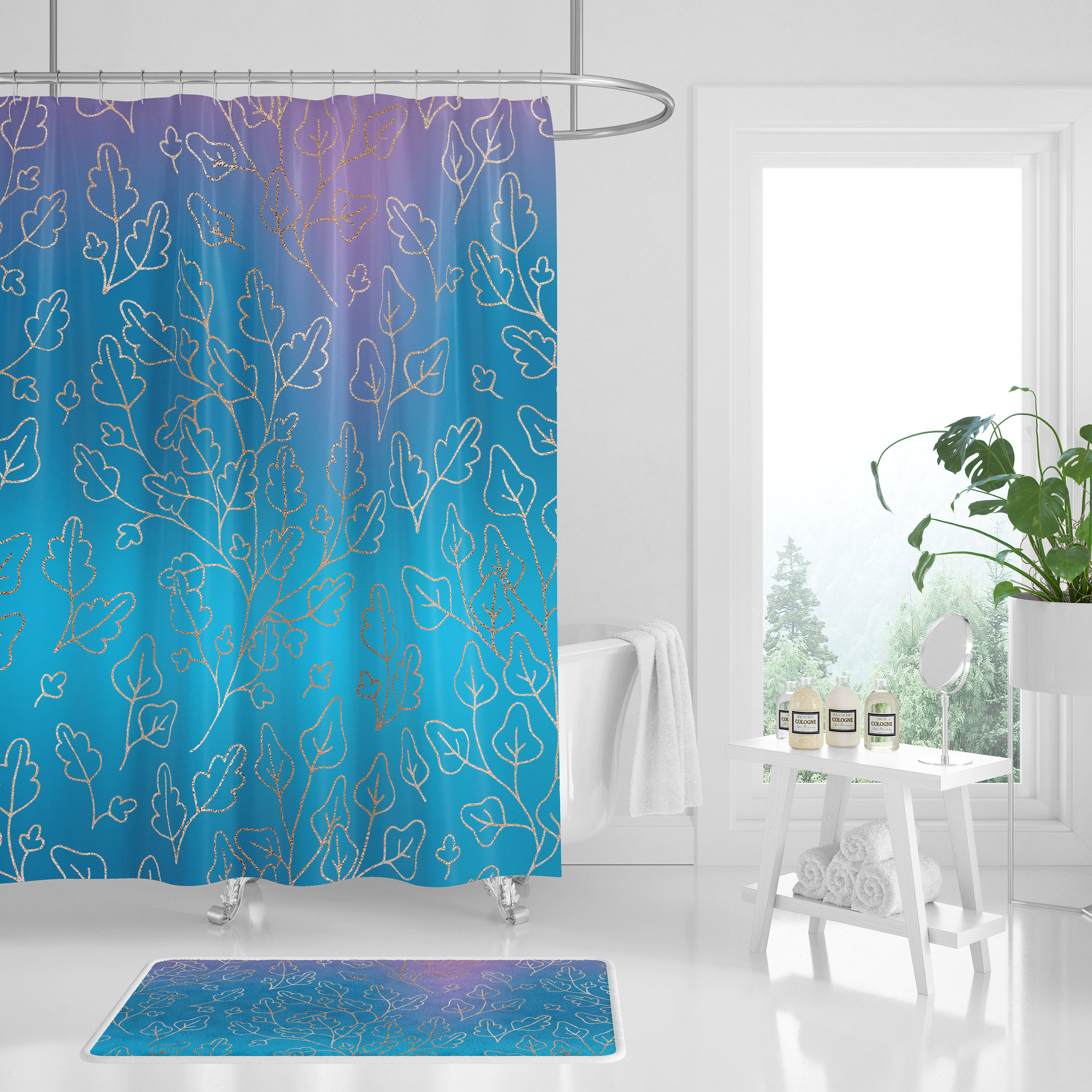 Unique Ombre Abstract Floraldigo Blue Boho Shower Curtain With Watercolor Effect