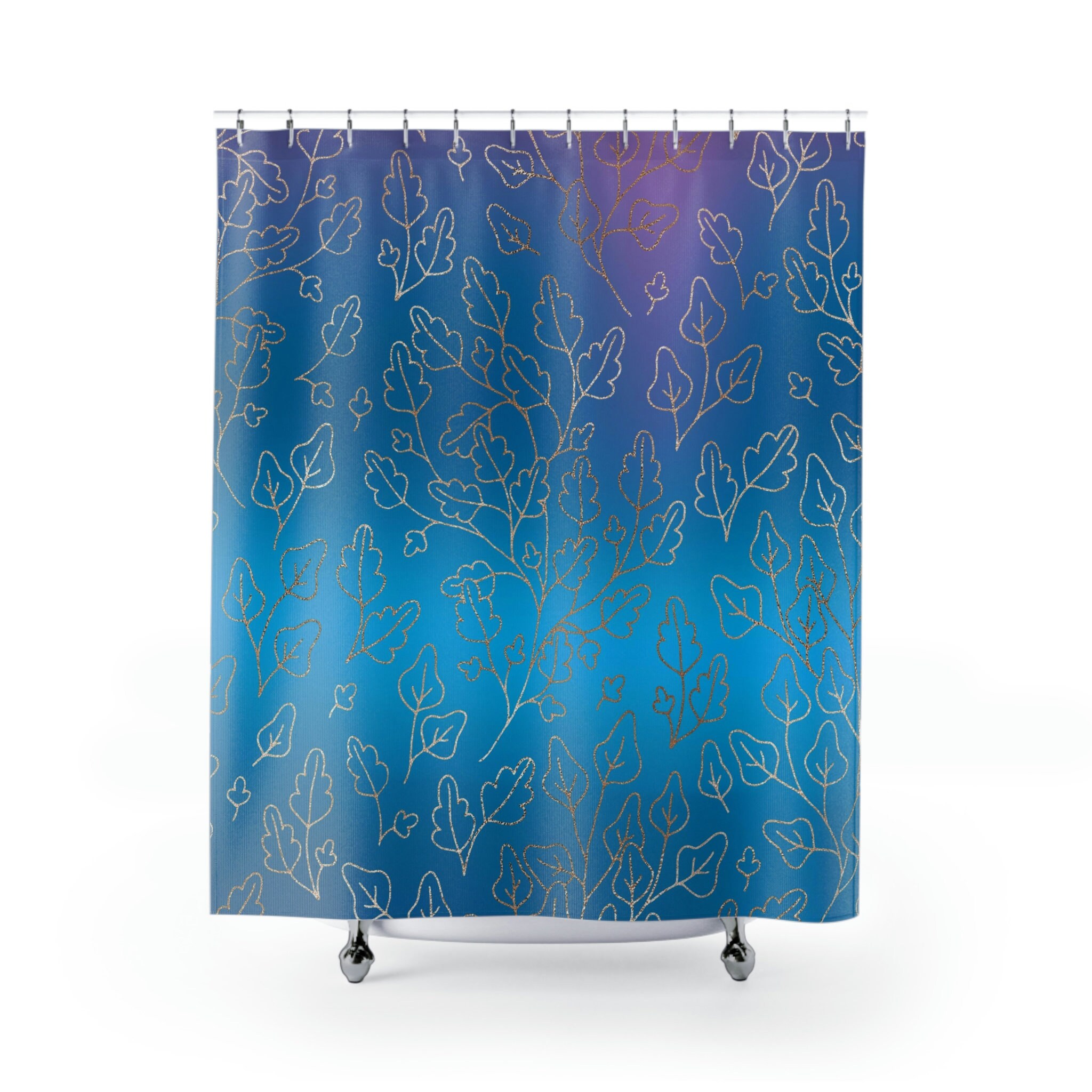 Unique Ombre Abstract Floraldigo Blue Boho Shower Curtain With Watercolor Effect - Image 2