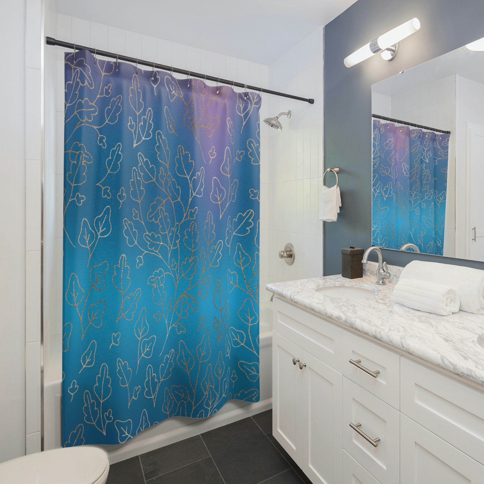 Unique Ombre Abstract Floraldigo Blue Boho Shower Curtain With Watercolor Effect - Image 3