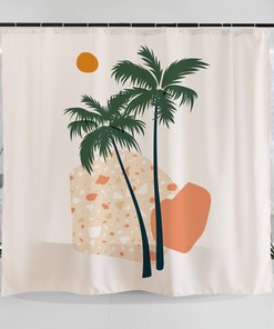 Unique Pastel Retro Palm Tree Sun Art Illustration Shower Curtain For A Modern Look