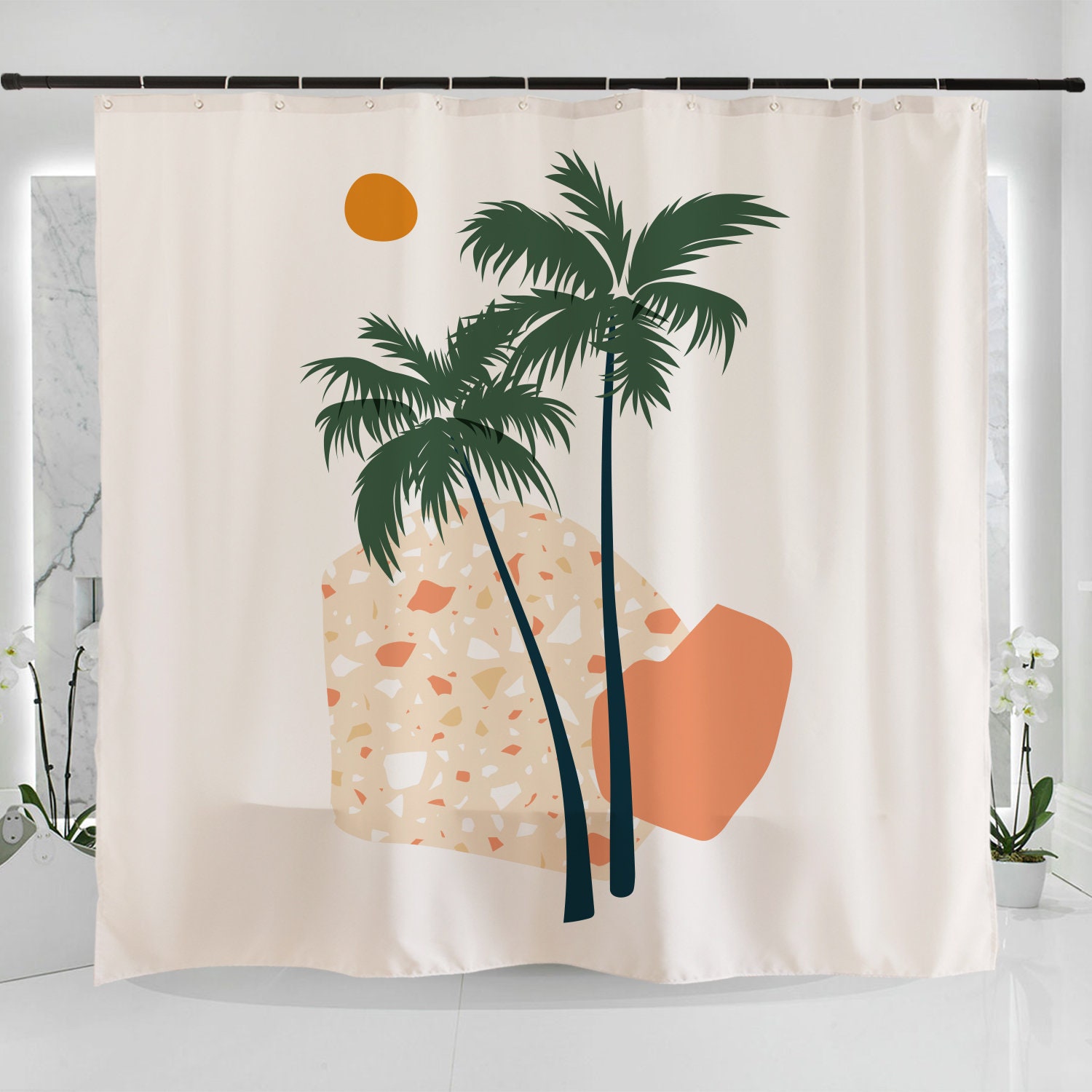 Unique Pastel Retro Palm Tree Sun Art Illustration Shower Curtain For A Modern Look
