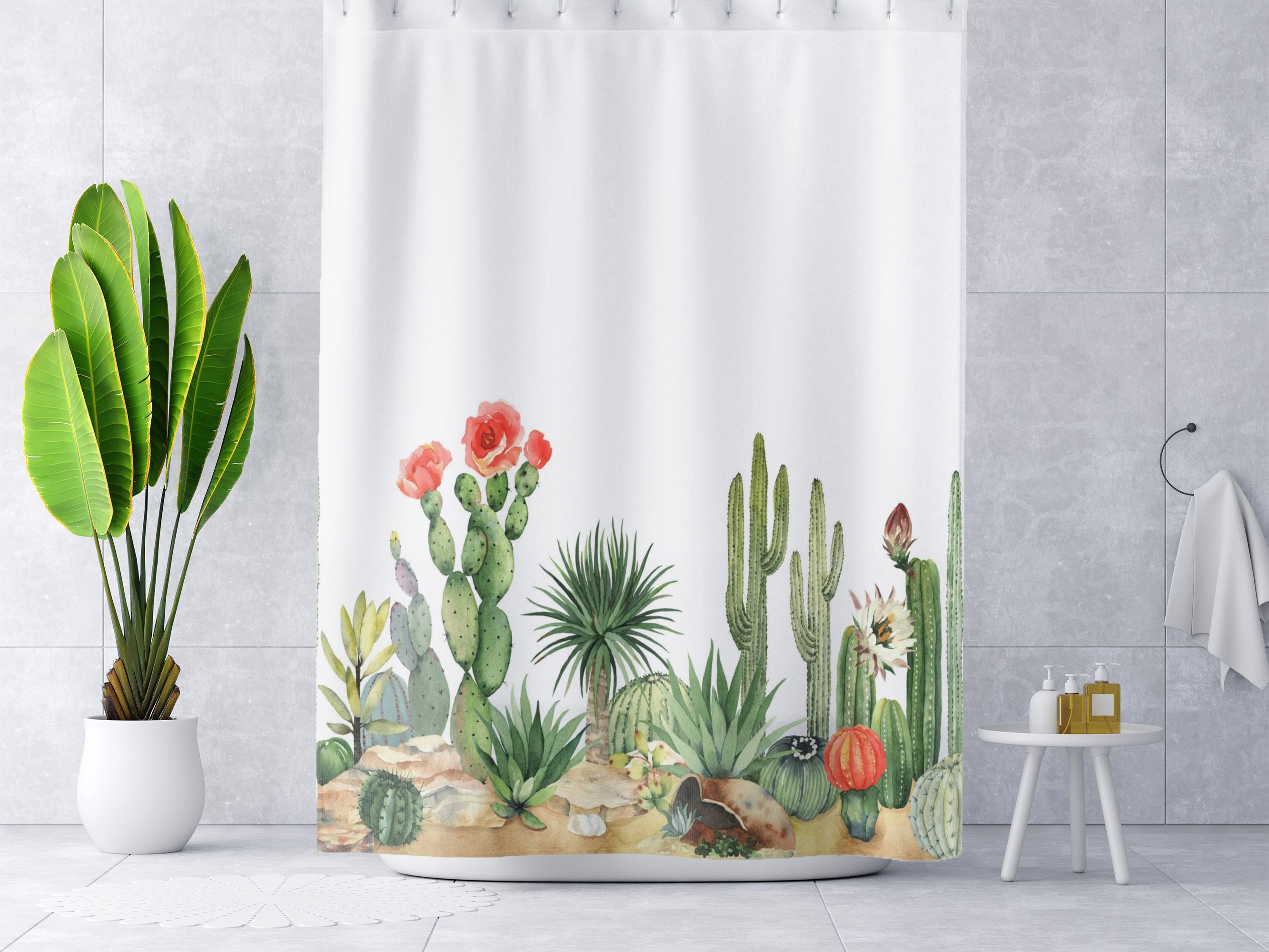 Unique Plant Bathroom Curtain Featuring Cactus Shower Curtain