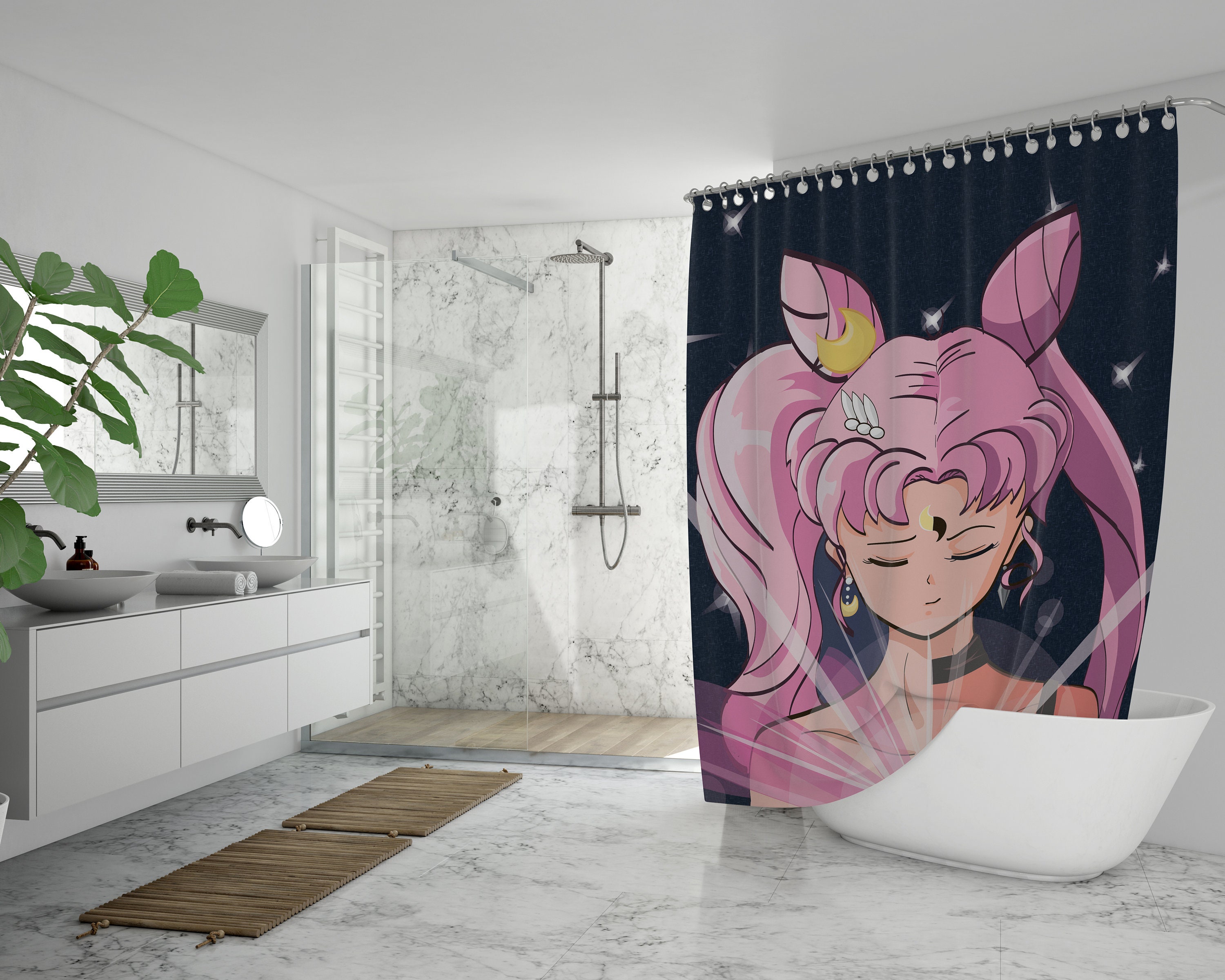 Unique Sailor Moon Anime Shower Curtain featuring Chibi Moon and Art Prints for a Quirky and Fun Bathroom
