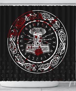 Unique Shower Curtain Ideas with Odin Rune Thor's Hammer Mjolnir Norse Pattern, 3D Printed Bathroom