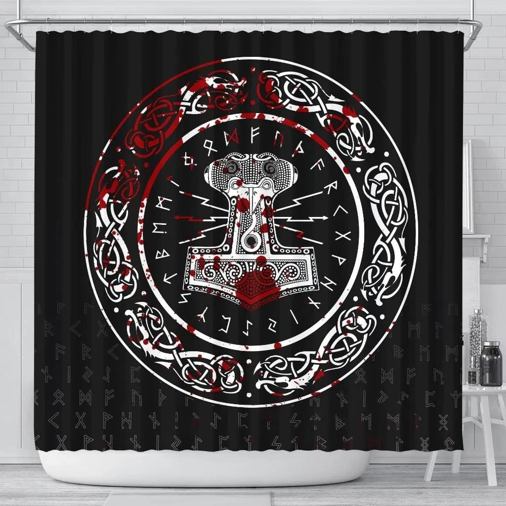 Unique Shower Curtain Ideas with Odin Rune Thor's Hammer Mjolnir Norse Pattern, 3D Printed Bathroom