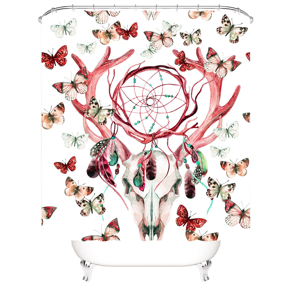 Unique Shower Curtain With Deer Skull And Butterfly Print - Image 2