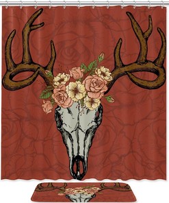 Unique Shower Curtain With Deer Skull And Flower Print