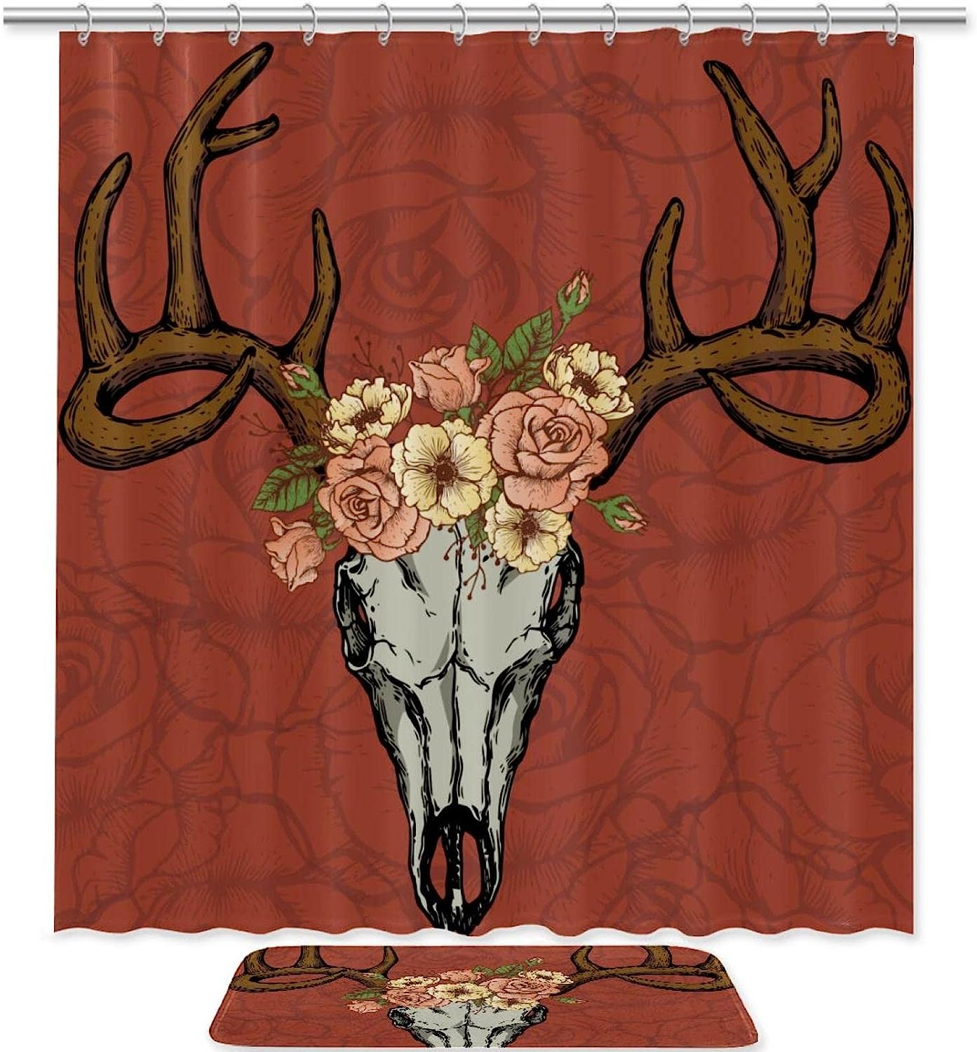 Unique Shower Curtain With Deer Skull And Flower Print