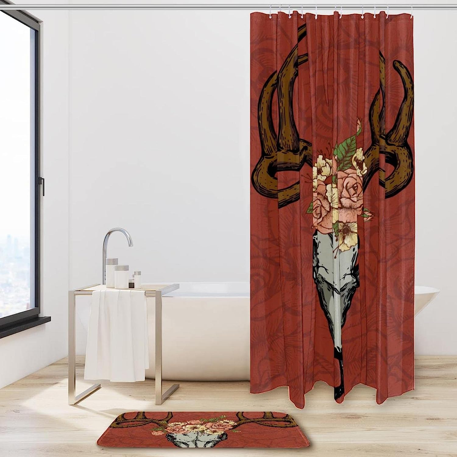 Unique Shower Curtain With Deer Skull And Flower Print - Image 2