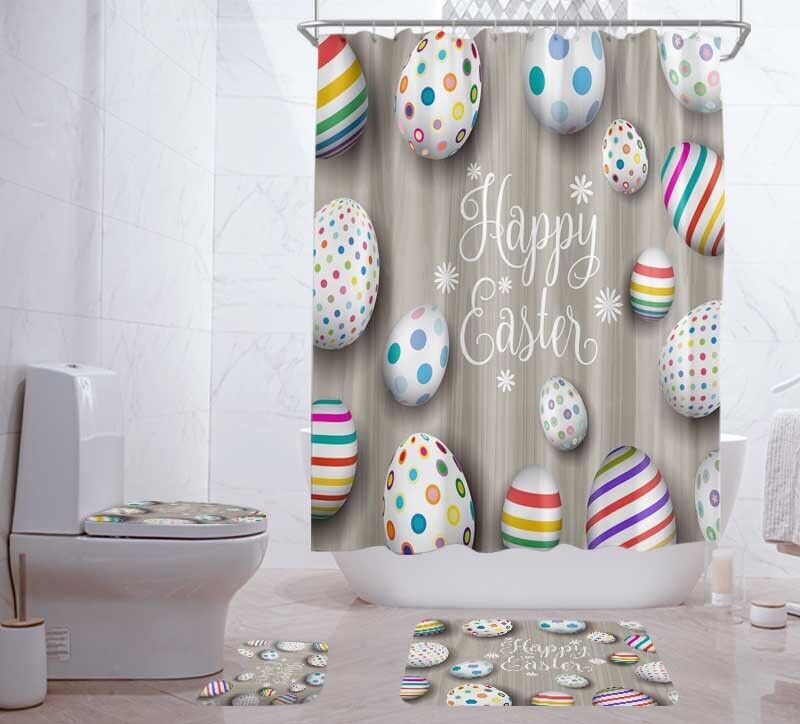 Unique Shower Curtain With Easter Bunny & Eggs - Festive Bathroom Decor