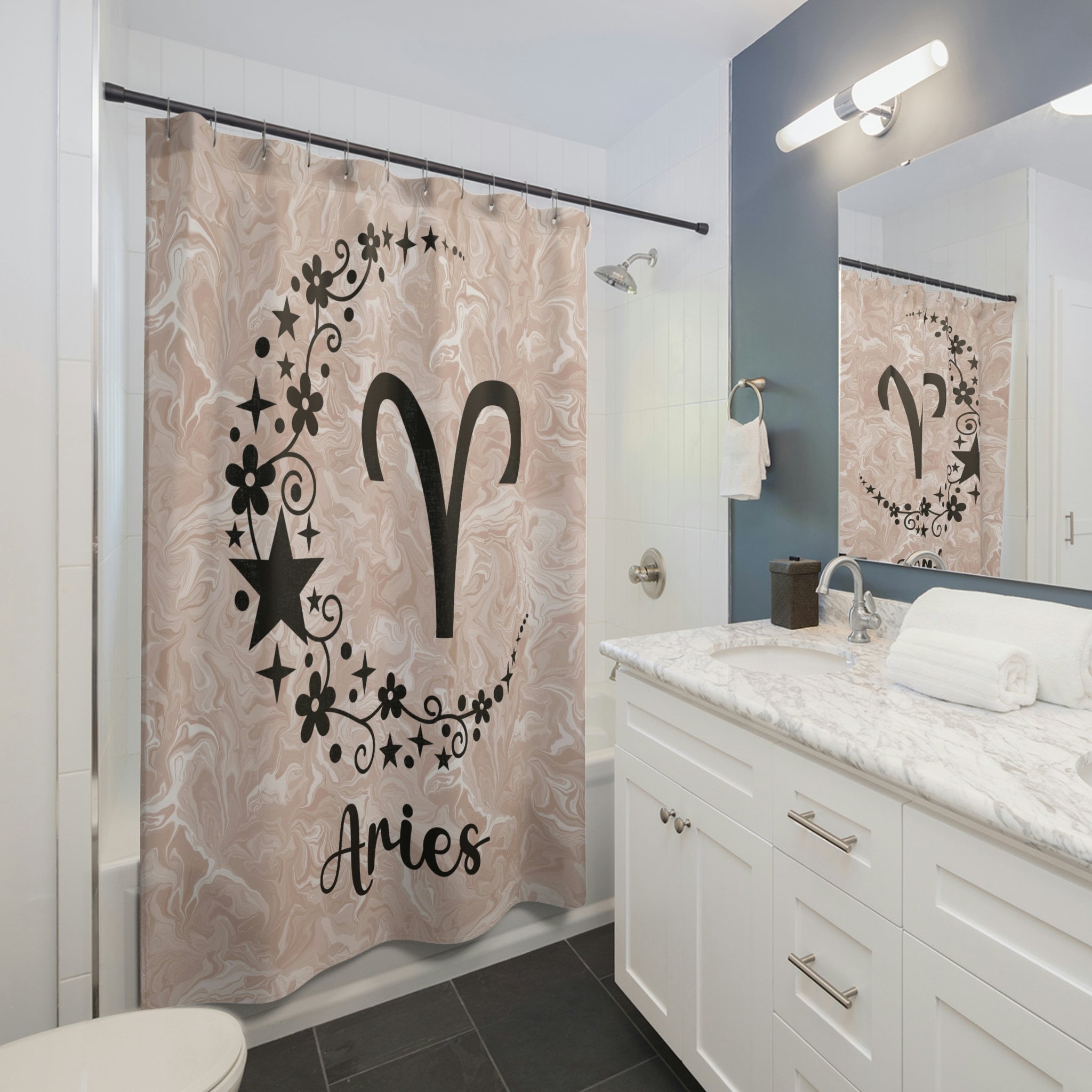 Unique Shower Curtain With Festive Aries Zodiac Sign Print - Image 2