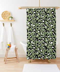 Unique Shower Curtains - Olive Army Green Black White Leopard Spots Bath Set