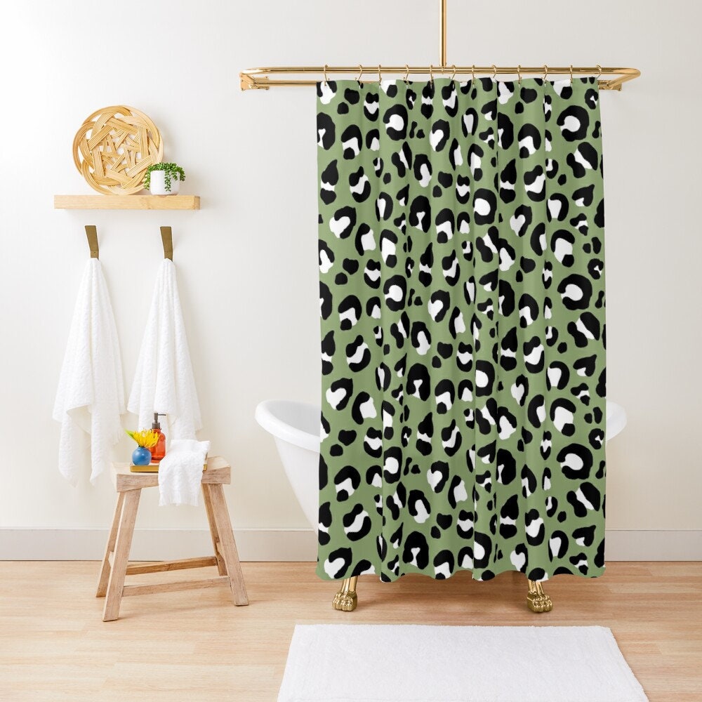 Unique Shower Curtains - Olive Army Green Black White Leopard Spots Bath Set