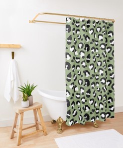 Unique Shower Curtains - Olive Army Green Black White Leopard Spots Bath Set