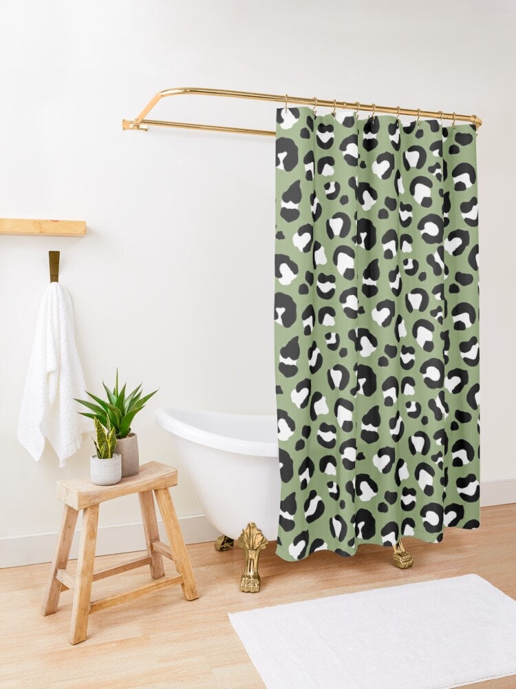 Unique Shower Curtains - Olive Army Green Black White Leopard Spots Bath Set