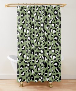 Unique Shower Curtains - Olive Army Green Black White Leopard Spots Bath Set