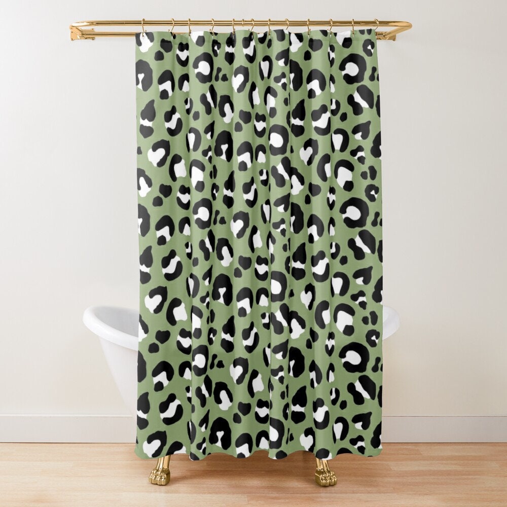 Unique Shower Curtains - Olive Army Green Black White Leopard Spots Bath Set
