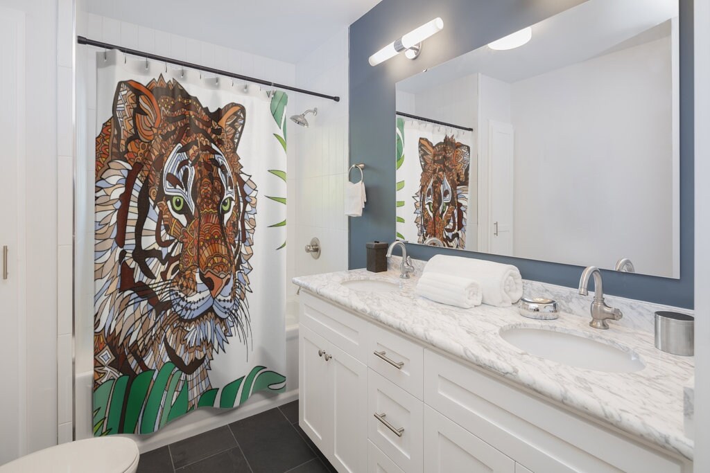 Unique Tropical Floral Tiger Art Theme Bathroom Decor Shower Curtain