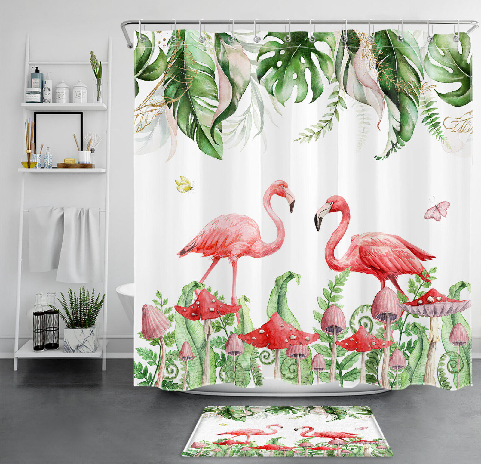 Unique Tropical Plant Butterfly Mushroom Flamingo Shower Curtain for Bathroom Decor