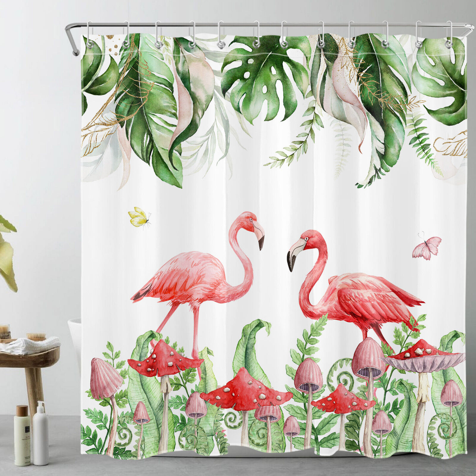 Unique Tropical Plant Butterfly Mushroom Flamingo Shower Curtain for Bathroom Decor