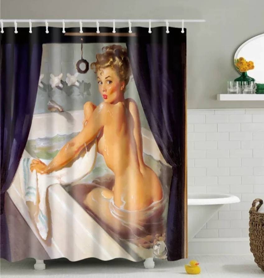 Unique Vintage Bathing Woman Motif Shower and Bathroom Curtain Set