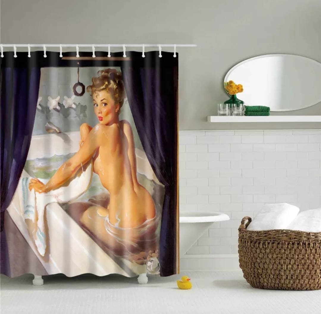 Unique Vintage Bathing Woman Motif Shower and Bathroom Curtain Set