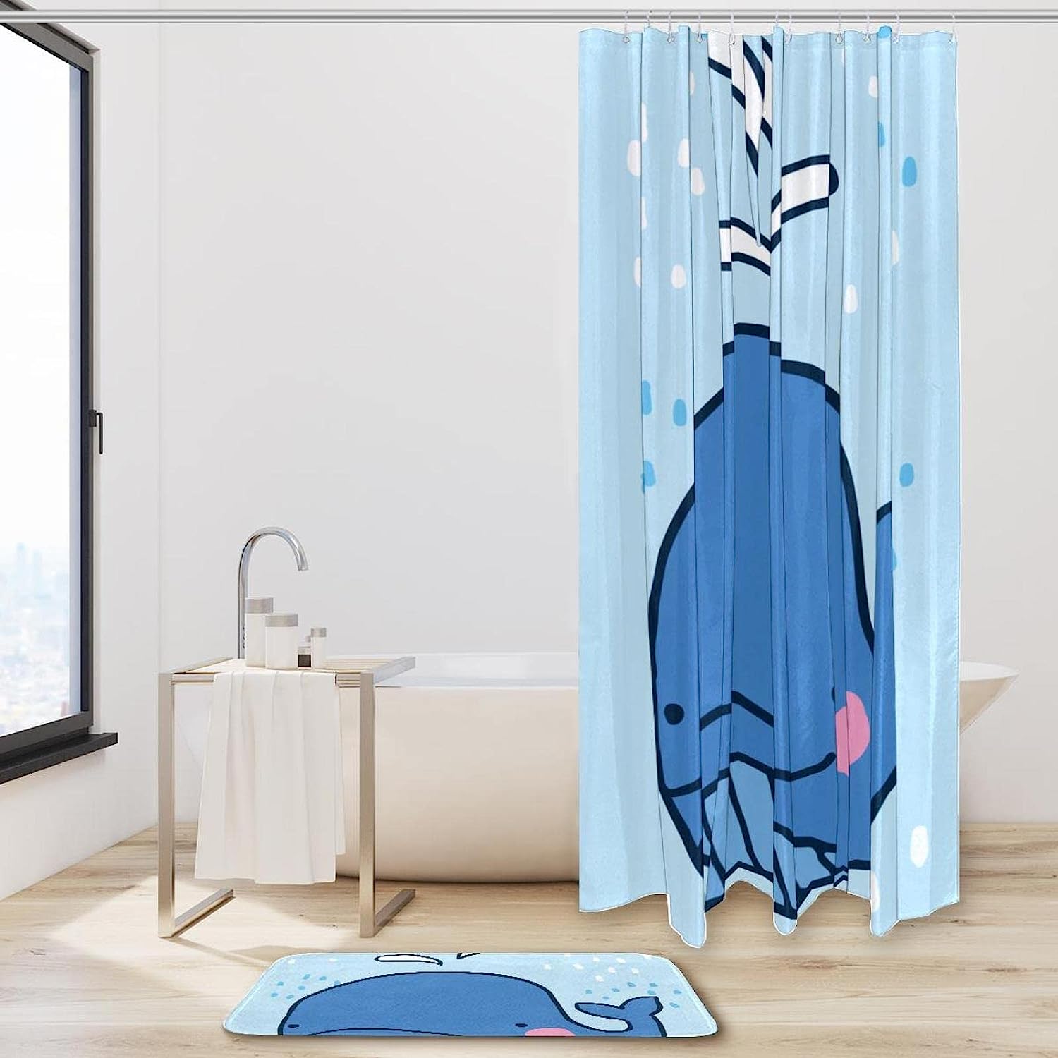Unique Watercolor Blue Whale Print Shower Curtain For Bathroom Decor - Image 2