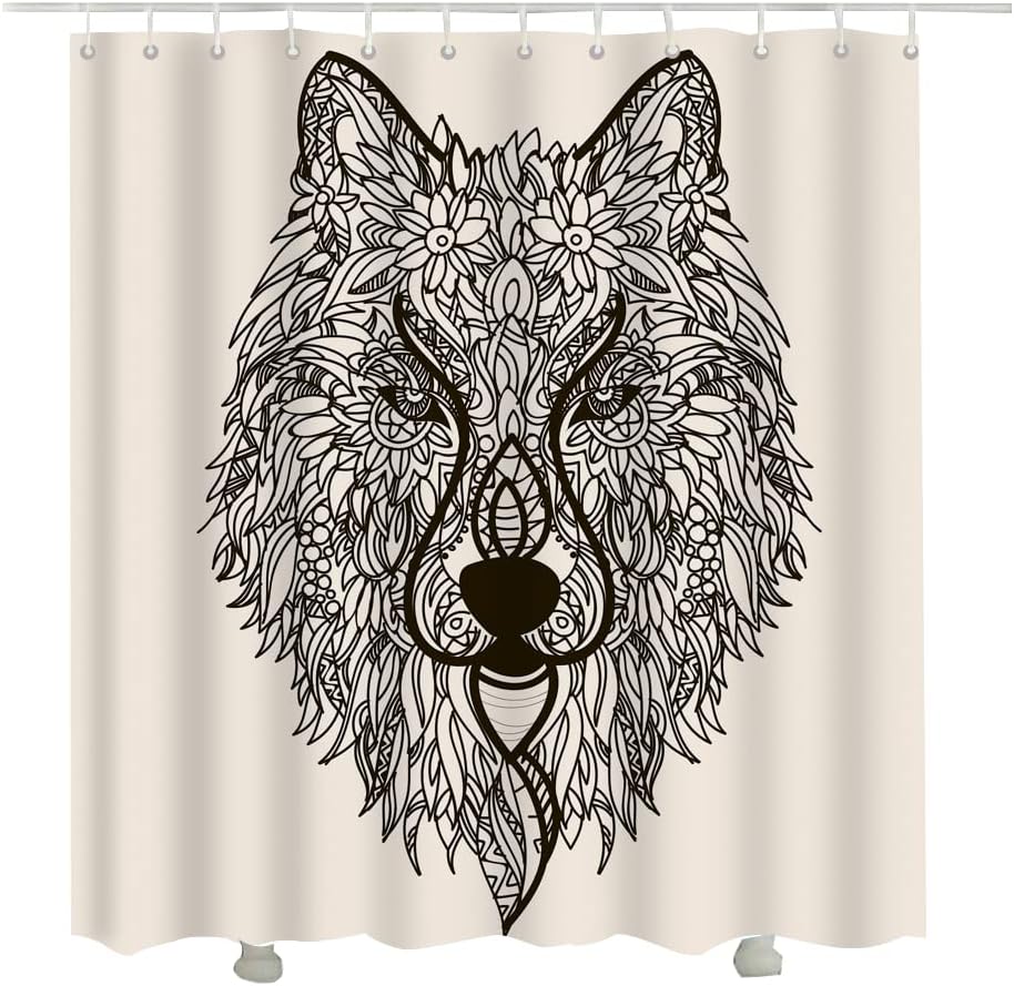 Unique Zentangle Wolf Flower Fabric Shower Curtain for Bathroom Decor
