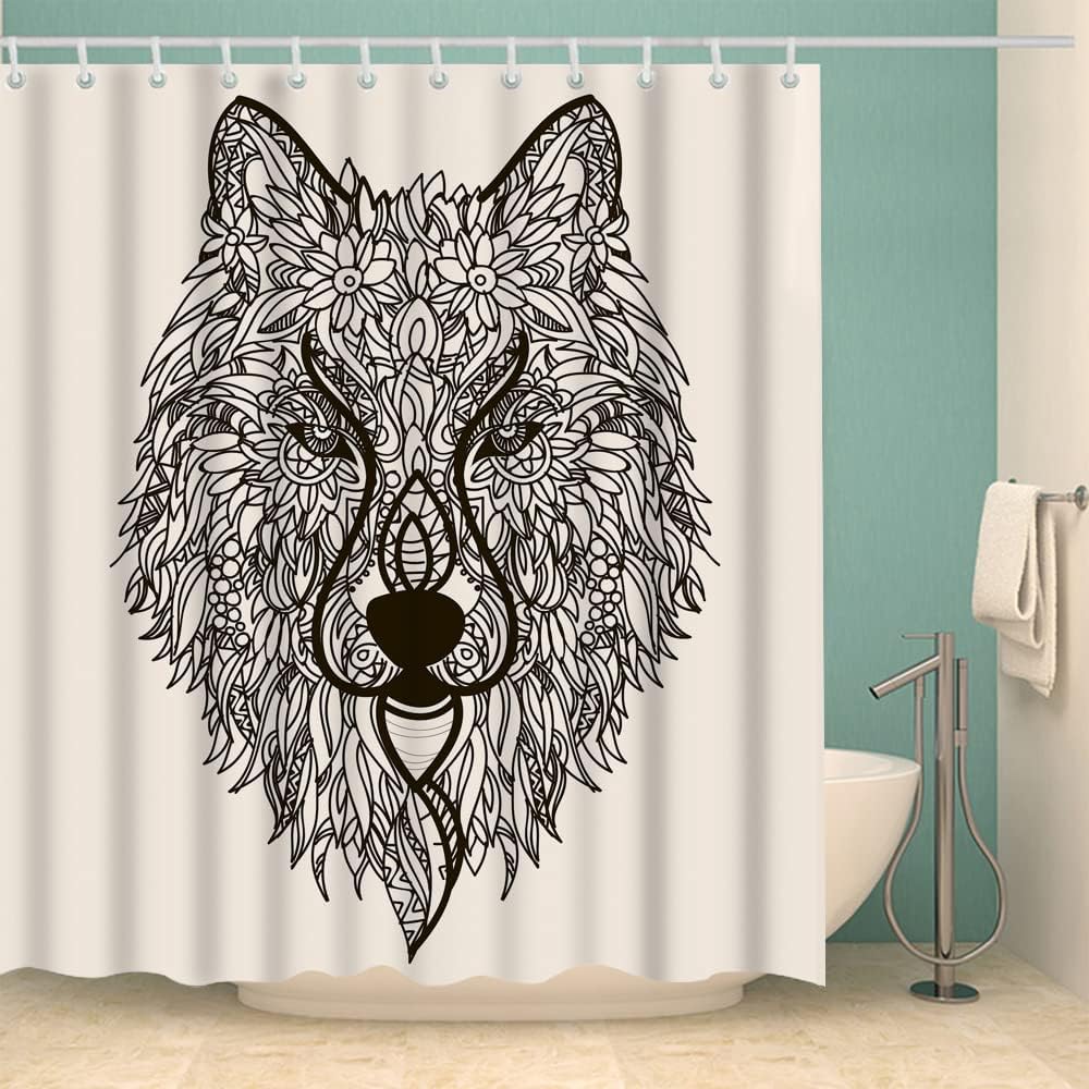 Unique Zentangle Wolf Flower Fabric Shower Curtain for Bathroom Decor